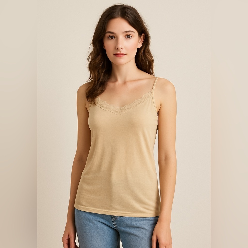 Vintage Y2K Lace Trim Beige Camisole L | Normcore Preppy Coastal Basic Tank